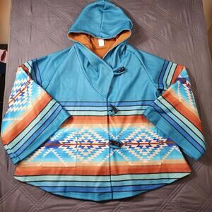 Women’s Hooded Poncho Coat Aztec South Western Fleece Long Bell Sleeve Large